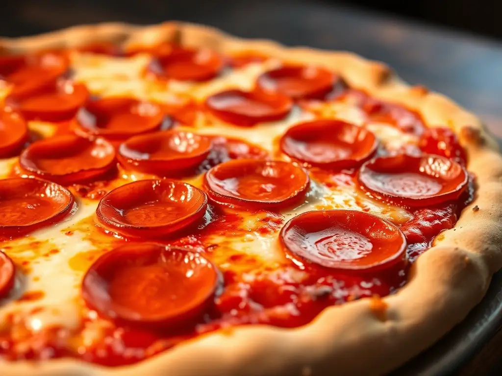 A close-up shot of a classic pepperoni pizza with melted cheese and crispy pepperoni slices, showcasing its traditional appeal and deliciousness.